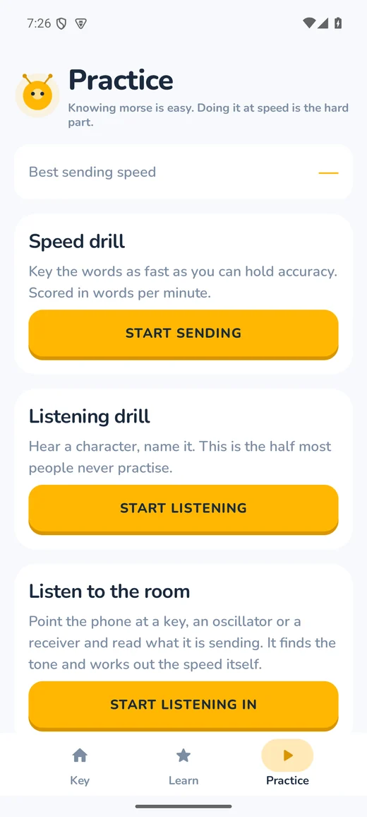 The practice screen, with a speed drill and a listening drill.